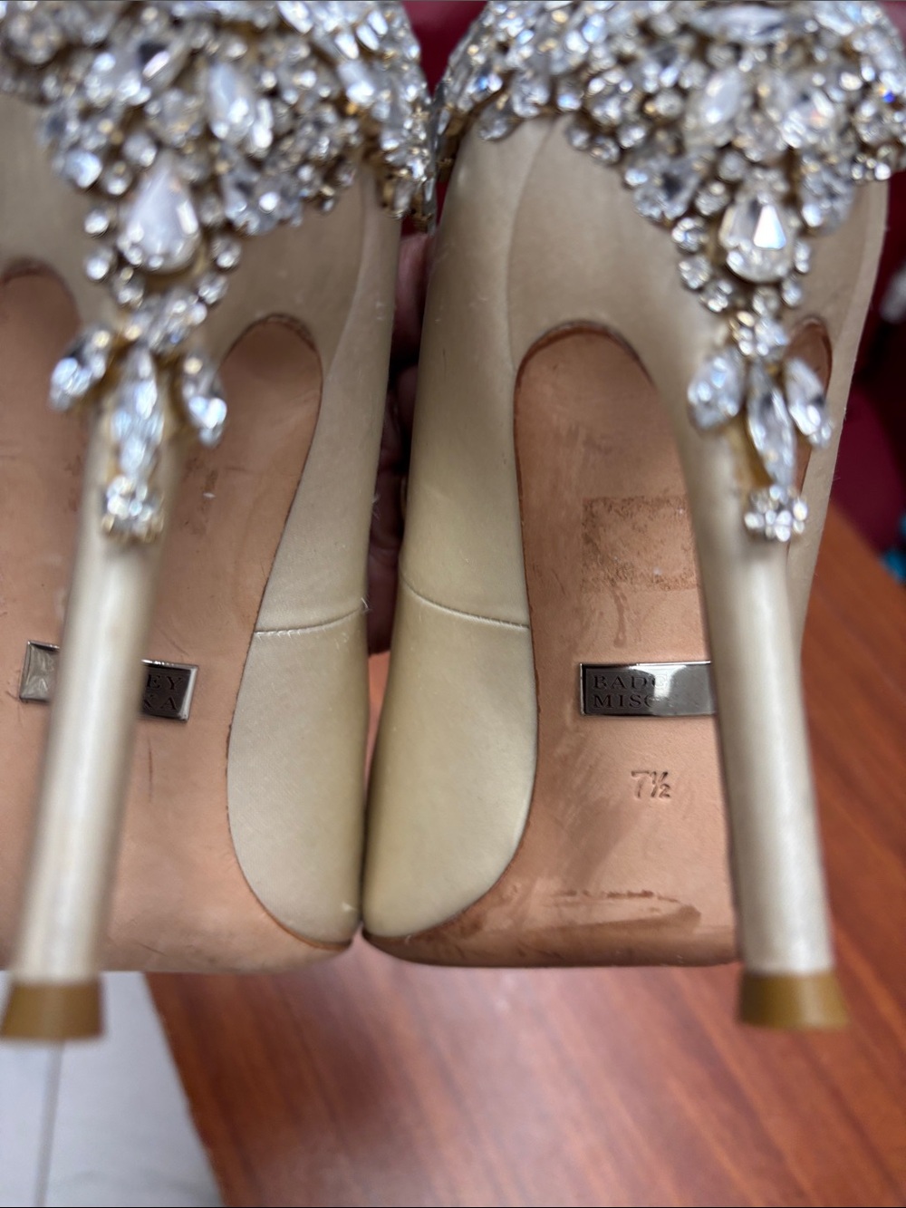 Badgley Mischka Champagne Heels with Crystal Embellished Heels